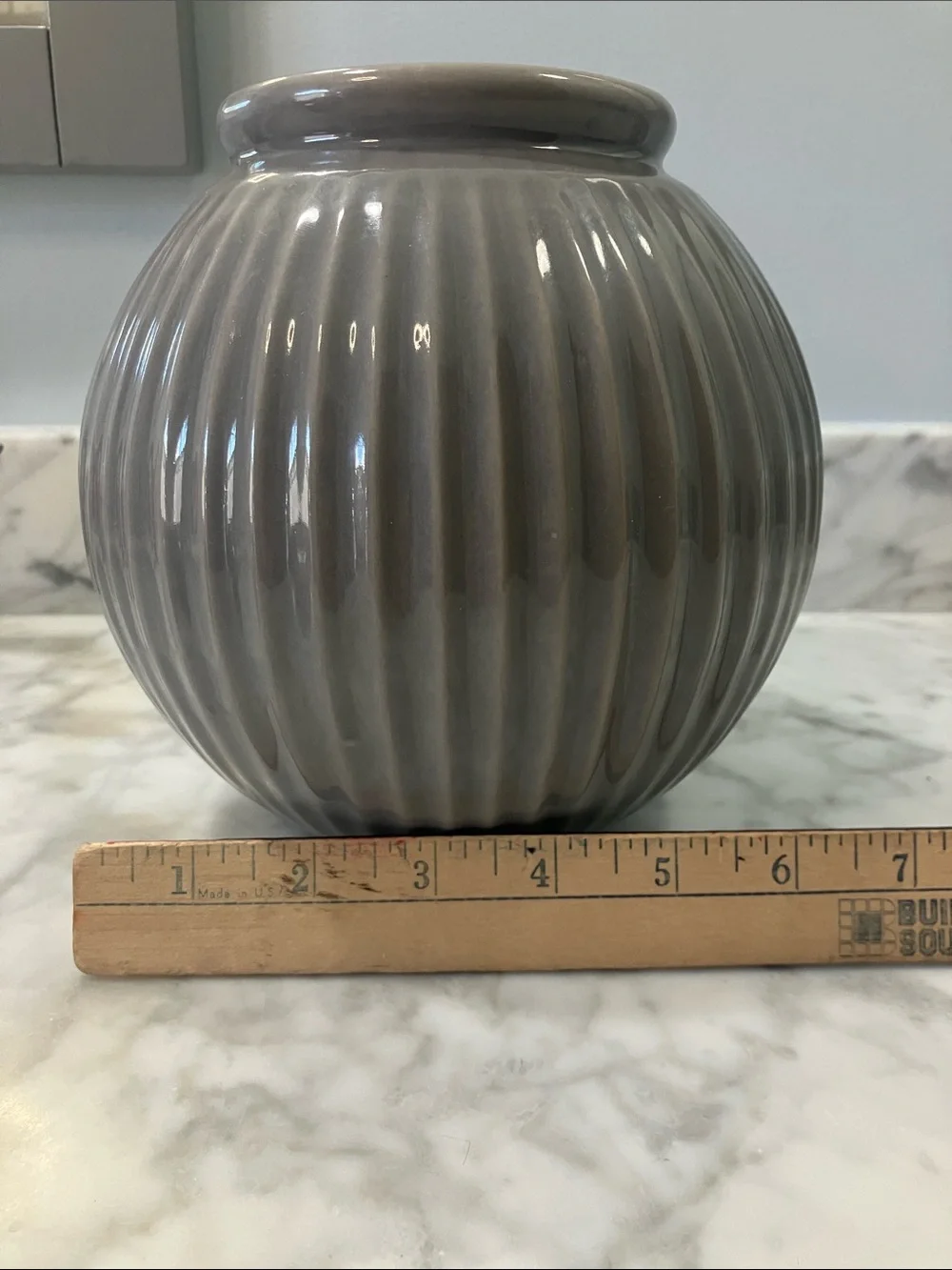 IKEA Gray Ribbed Ceramic Globe Vase 7in tall round ball stoneware